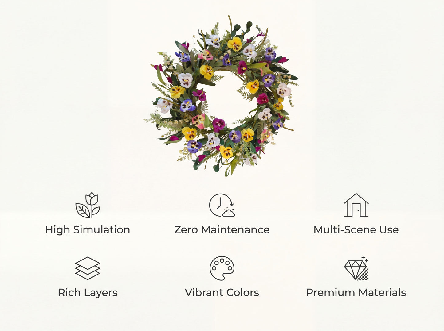 Faux Vibrant Meadow Pansy Wreath - 18-Inch Colorful Everyday Floral Wreath, Flexible MOQ, Direct Factory Pricing