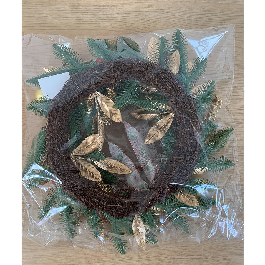 18" Artificial Christmas Wreath with Pinecone Ribbon and Gold Leaves