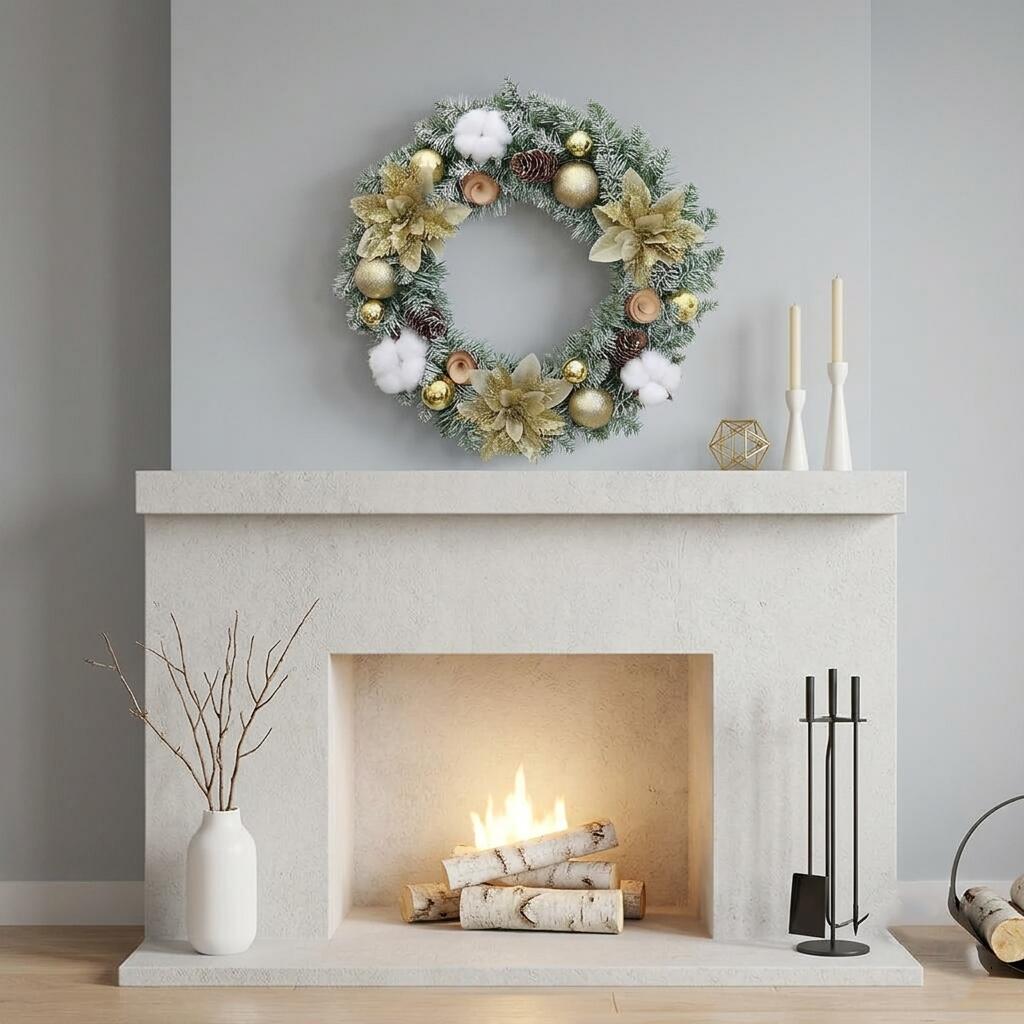 14" Flocked Christmas Wreath with Gold Poinsettias and Cotton Bolls