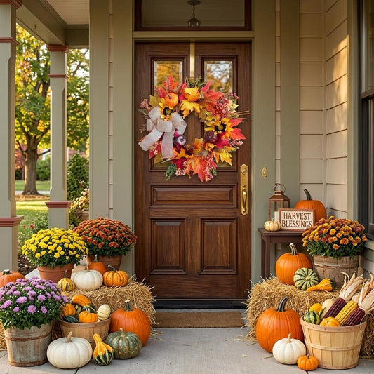 18" Artificial Autumn Harvest Wreath with Sunflowers, Pumpkins, and Burlap Bow