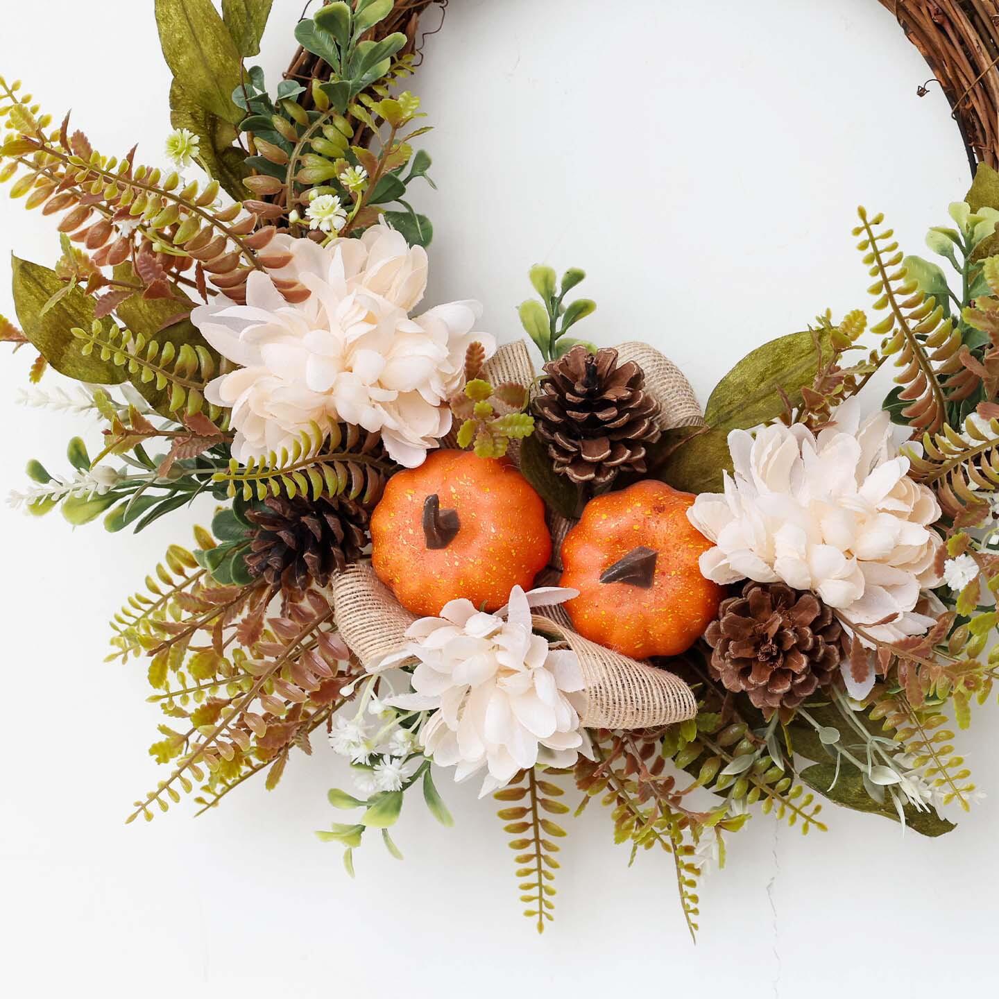 18" Artificial Elegant Fall Harvest Wreath with Pumpkins and White Blooms