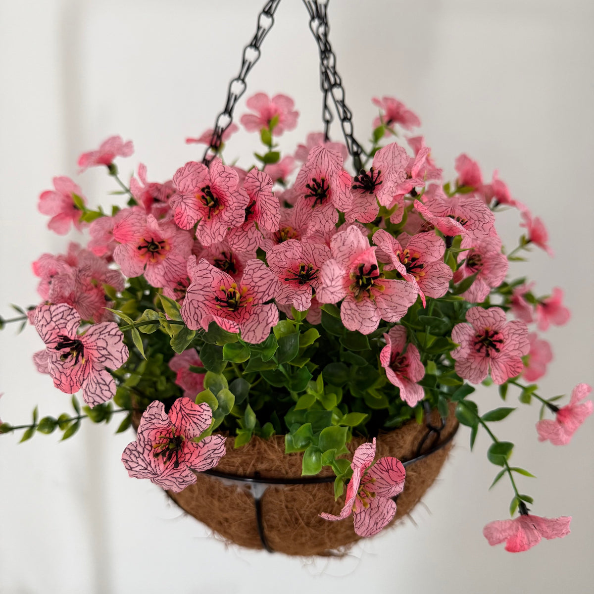 Factory Direct Pink Veined Artificial Hanging Basket - Vibrant Spring & Summer Decor