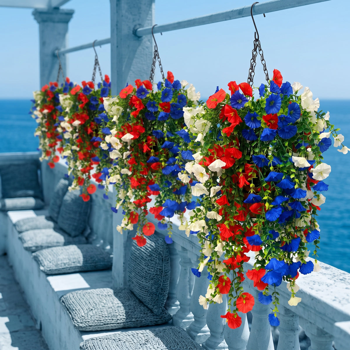 Factory Direct Patriotic Cascading Artificial Hanging Basket - Red White & Blue Summer Decor