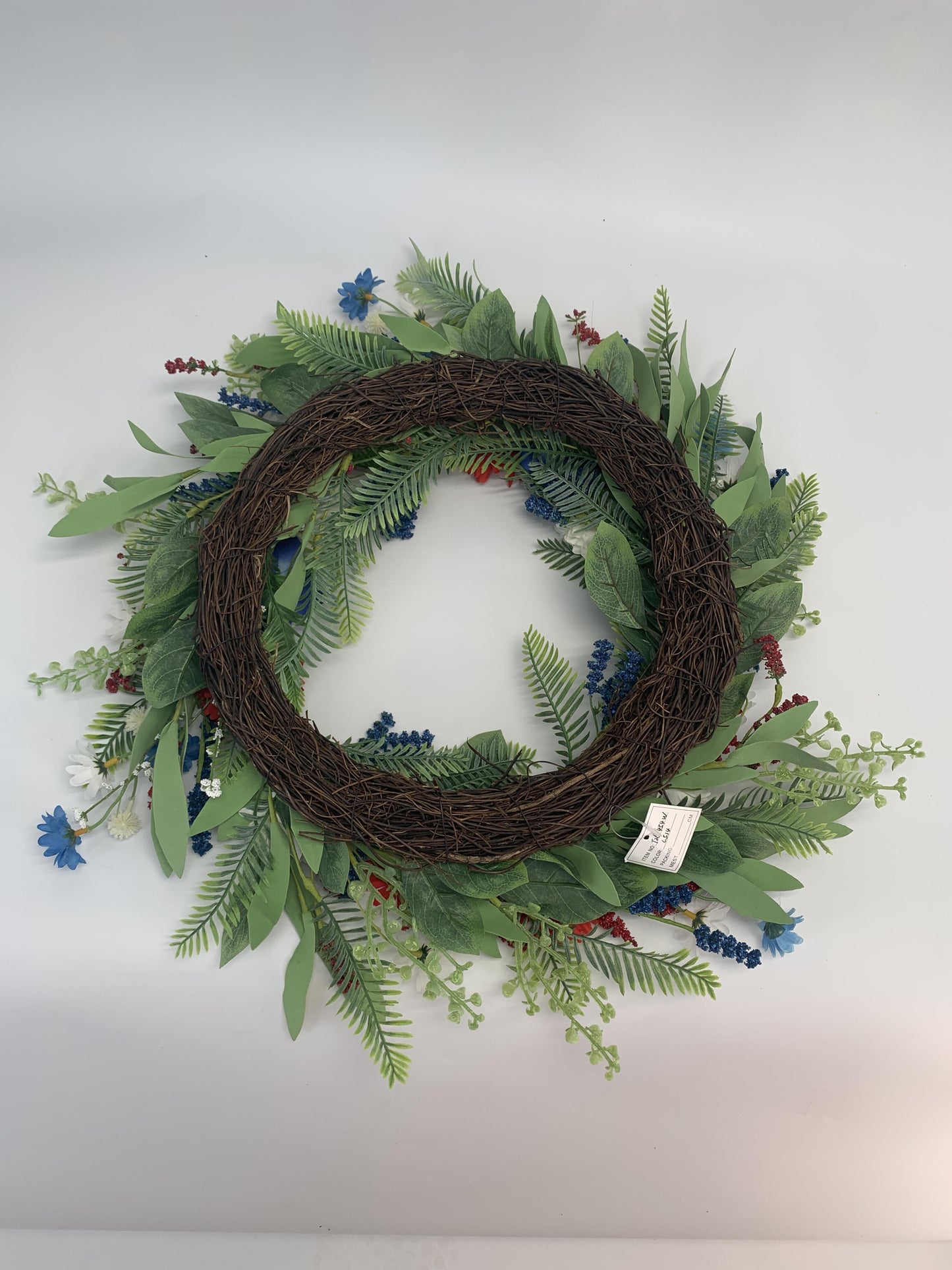 18" Artificial Patriotic Red, White, and Blue Floral & Fern Wreath