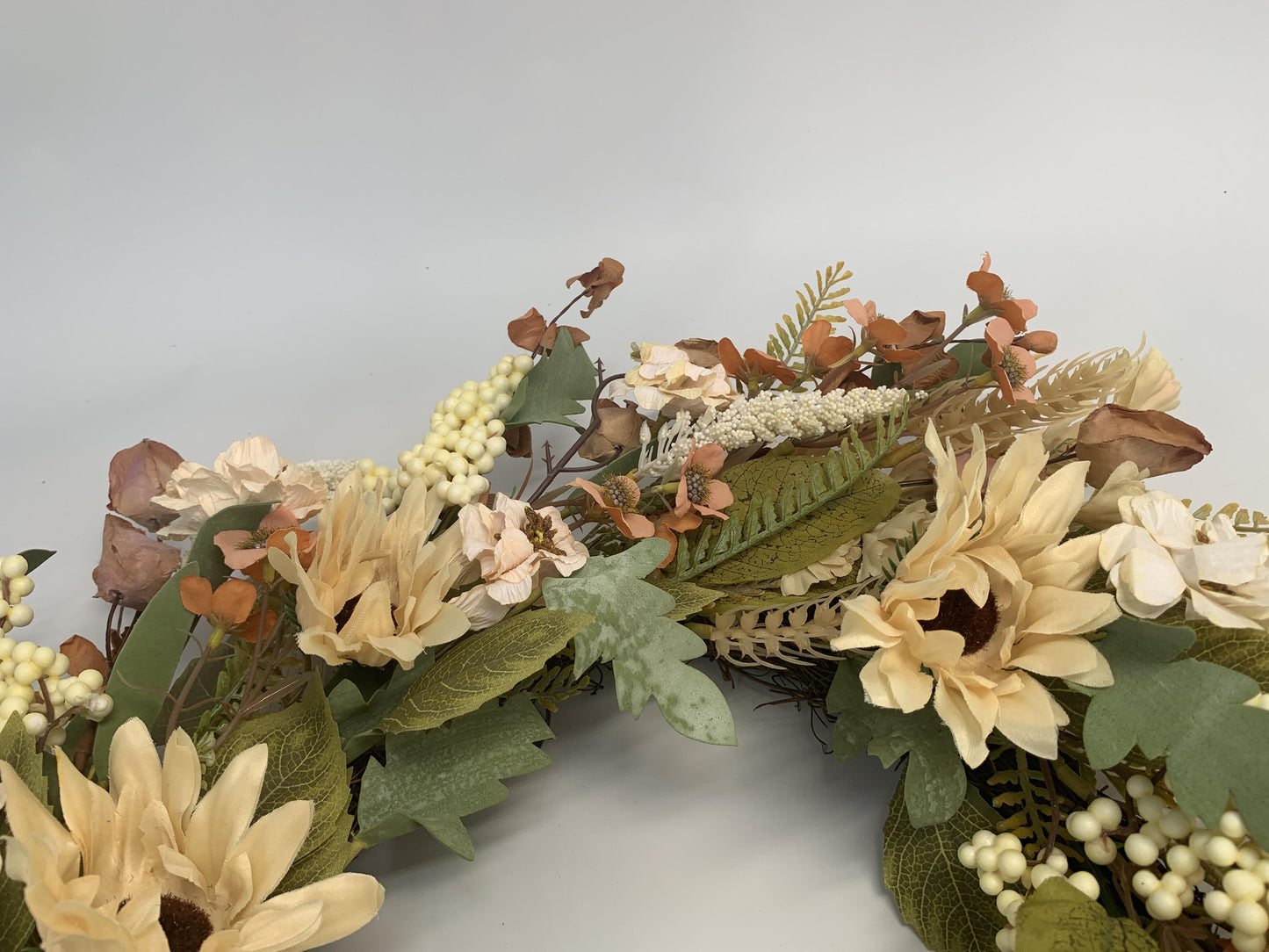 18" Artificial Harvest Sunflower & Cream Berry Wreath