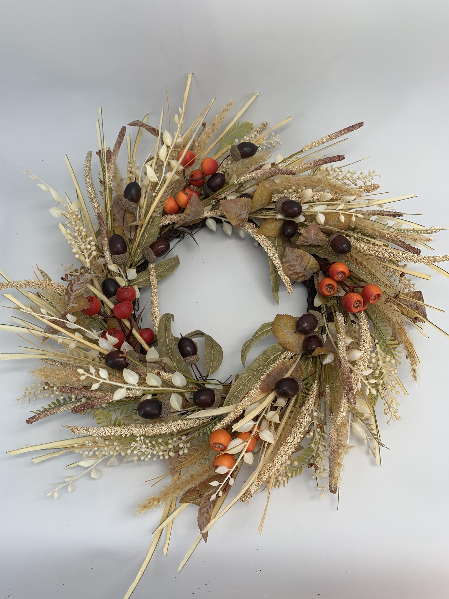 18" Artificial Autumn Acorn, Wheat & Berry Harvest Wreath