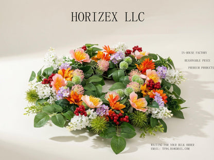 18" Artificial  Summer Floral Wreath - Mixed Wildflower & Berry Door Wreath, Wholesale