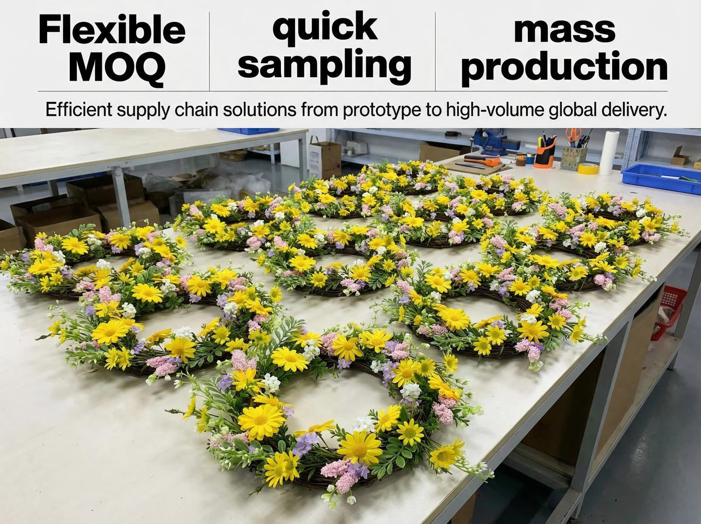 18" Artificial Yellow DaisyWreath - Wildflower & Pink Astilbe Everyday Wreath, Wholesale
