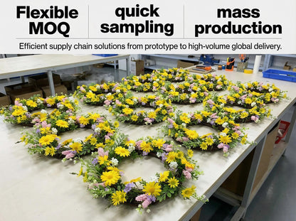 18" Artificial Yellow DaisyWreath - Wildflower & Pink Astilbe Everyday Wreath, Wholesale