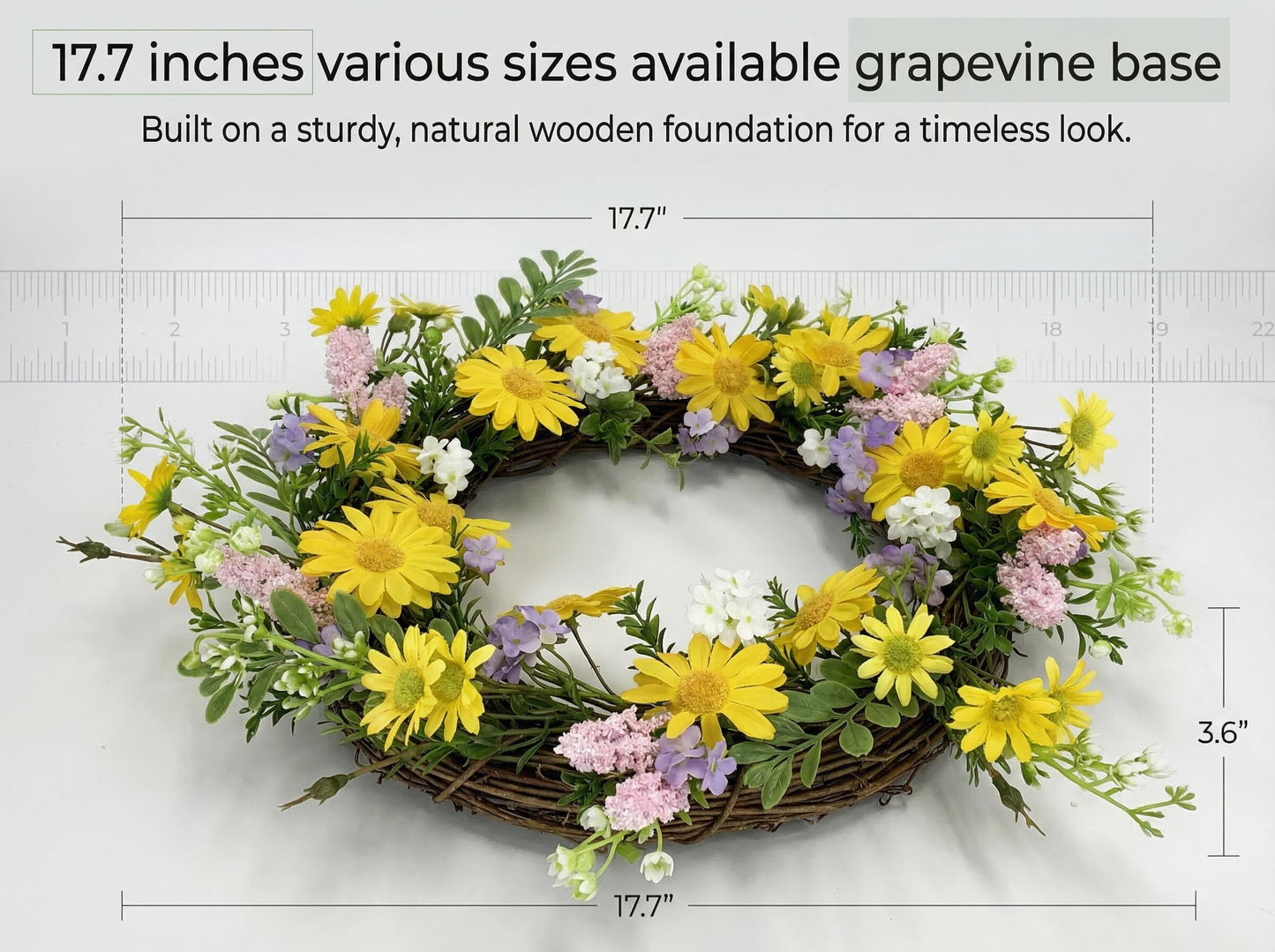 18" Artificial Yellow DaisyWreath - Wildflower & Pink Astilbe Everyday Wreath, Wholesale