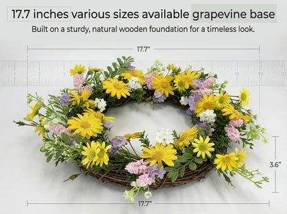 18" Artificial Yellow DaisyWreath - Wildflower & Pink Astilbe Everyday Wreath, Wholesale