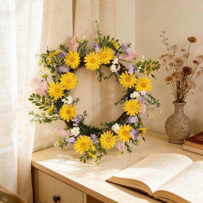 18" Artificial Yellow DaisyWreath - Wildflower & Pink Astilbe Everyday Wreath, Wholesale