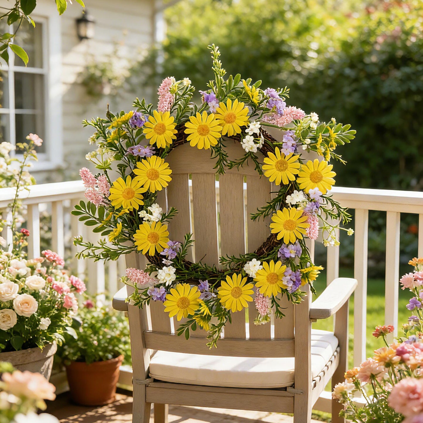 18" Artificial Yellow DaisyWreath - Wildflower & Pink Astilbe Everyday Wreath, Wholesale
