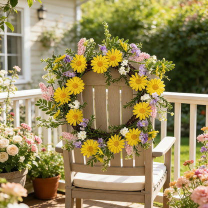 18" Artificial Yellow DaisyWreath - Wildflower & Pink Astilbe Everyday Wreath, Wholesale