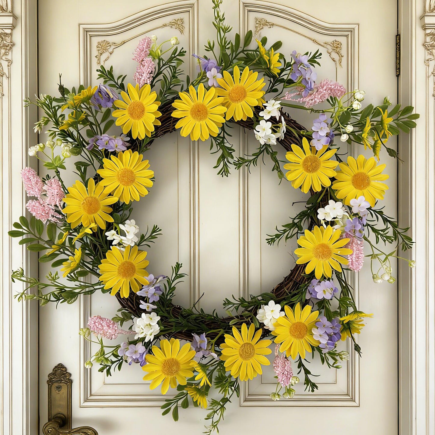 18" Artificial Yellow DaisyWreath - Wildflower & Pink Astilbe Everyday Wreath, Wholesale