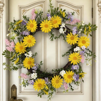 18" Artificial Yellow DaisyWreath - Wildflower & Pink Astilbe Everyday Wreath, Wholesale