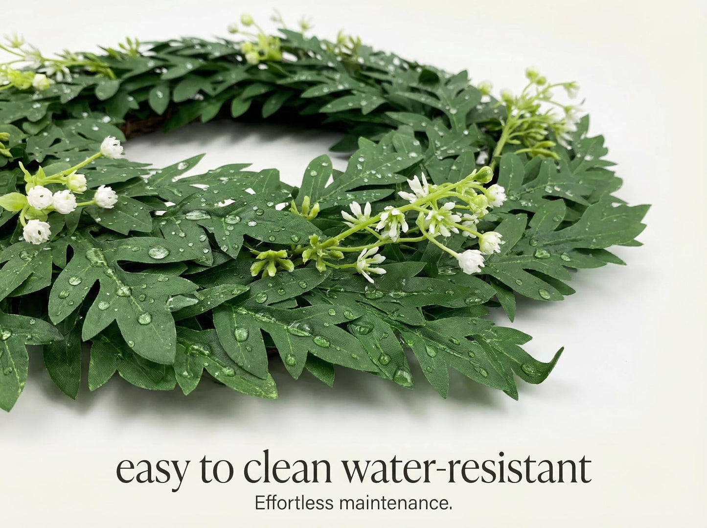 18" Artificial Green Leaf Wreath - Greenery & White Blossom Everyday Door Wreath, Wholesale