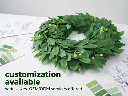 18" Artificial Green Leaf Wreath - Greenery & White Blossom Everyday Door Wreath, Wholesale