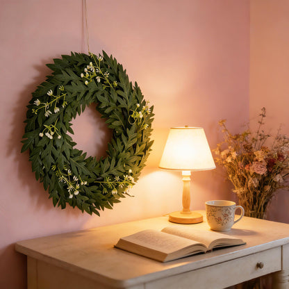 18" Artificial Green Leaf Wreath - Greenery & White Blossom Everyday Door Wreath, Wholesale