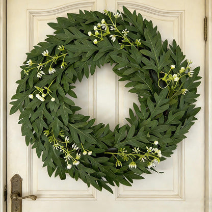 18" Artificial Green Leaf Wreath - Greenery & White Blossom Everyday Door Wreath, Wholesale