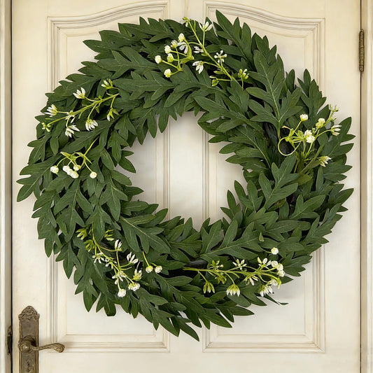 18" Artificial Green Leaf Wreath - Greenery & White Blossom Everyday Door Wreath, Wholesale