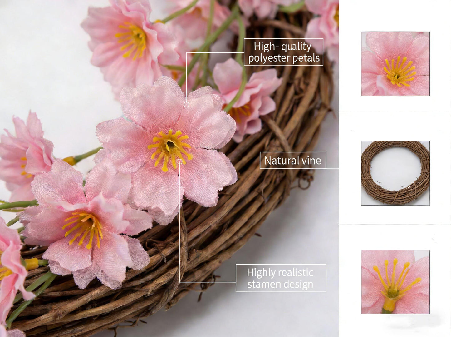 Faux Spring Pink Cosmos Floral Wreath - 18-Inch Decorative Holiday Wreath, Flexible MOQ