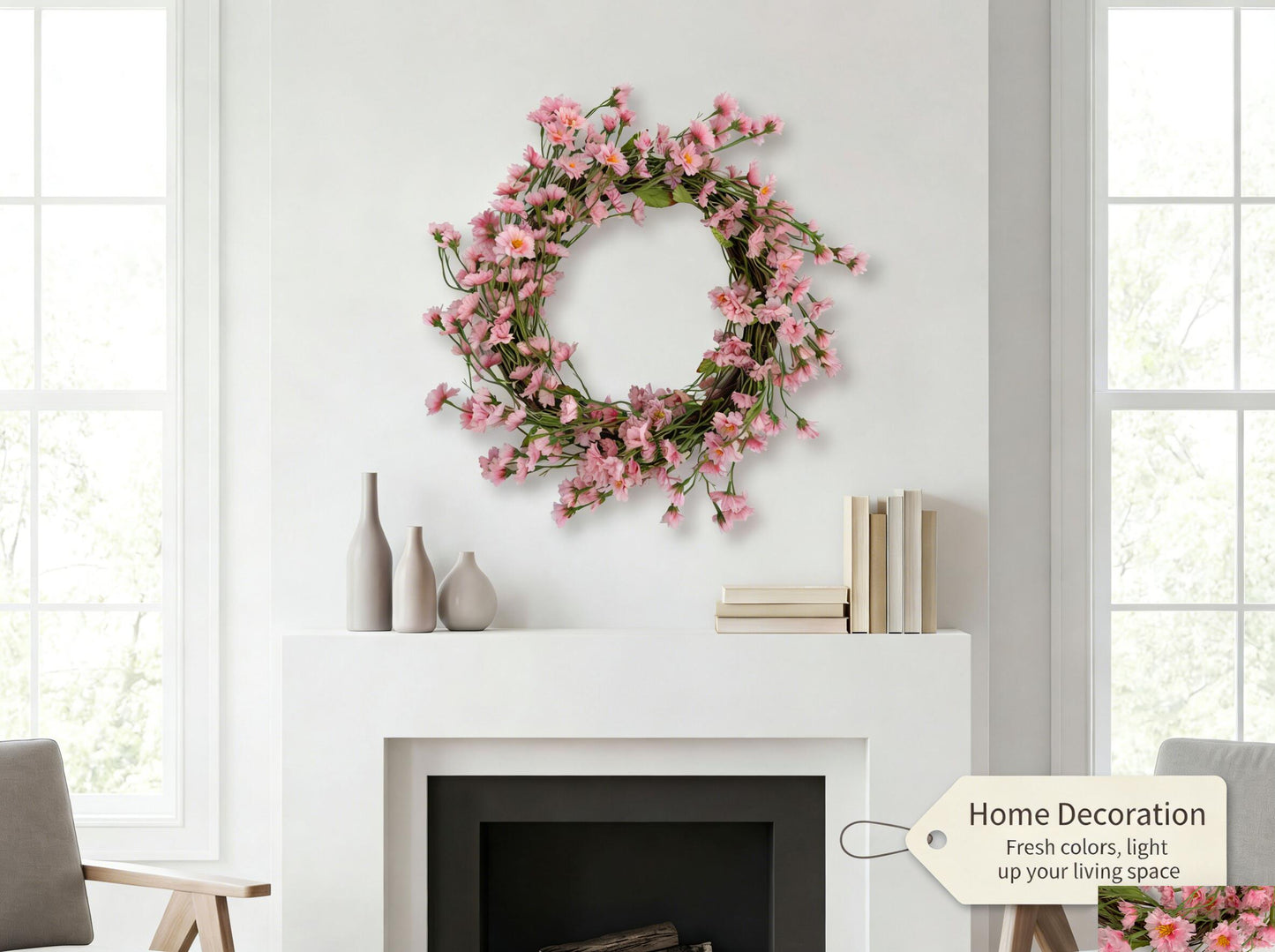 Faux Spring Pink Cosmos Floral Wreath - 18-Inch Decorative Holiday Wreath, Flexible MOQ