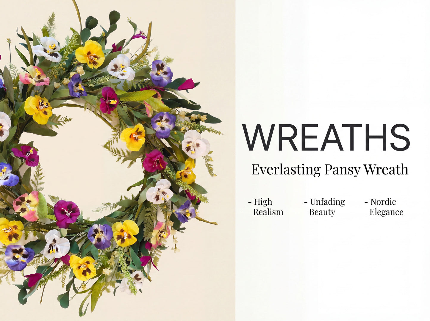Faux Vibrant Meadow Pansy Wreath - 18-Inch Colorful Everyday Floral Wreath, Flexible MOQ, Direct Factory Pricing