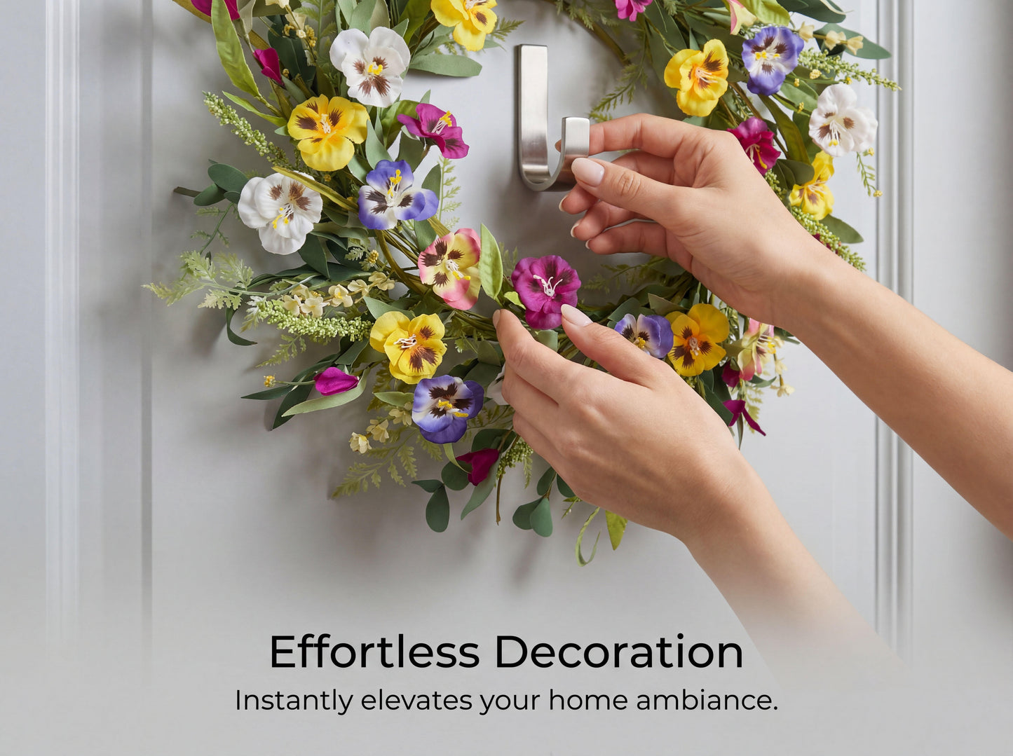 Faux Vibrant Meadow Pansy Wreath - 18-Inch Colorful Everyday Floral Wreath, Flexible MOQ, Direct Factory Pricing