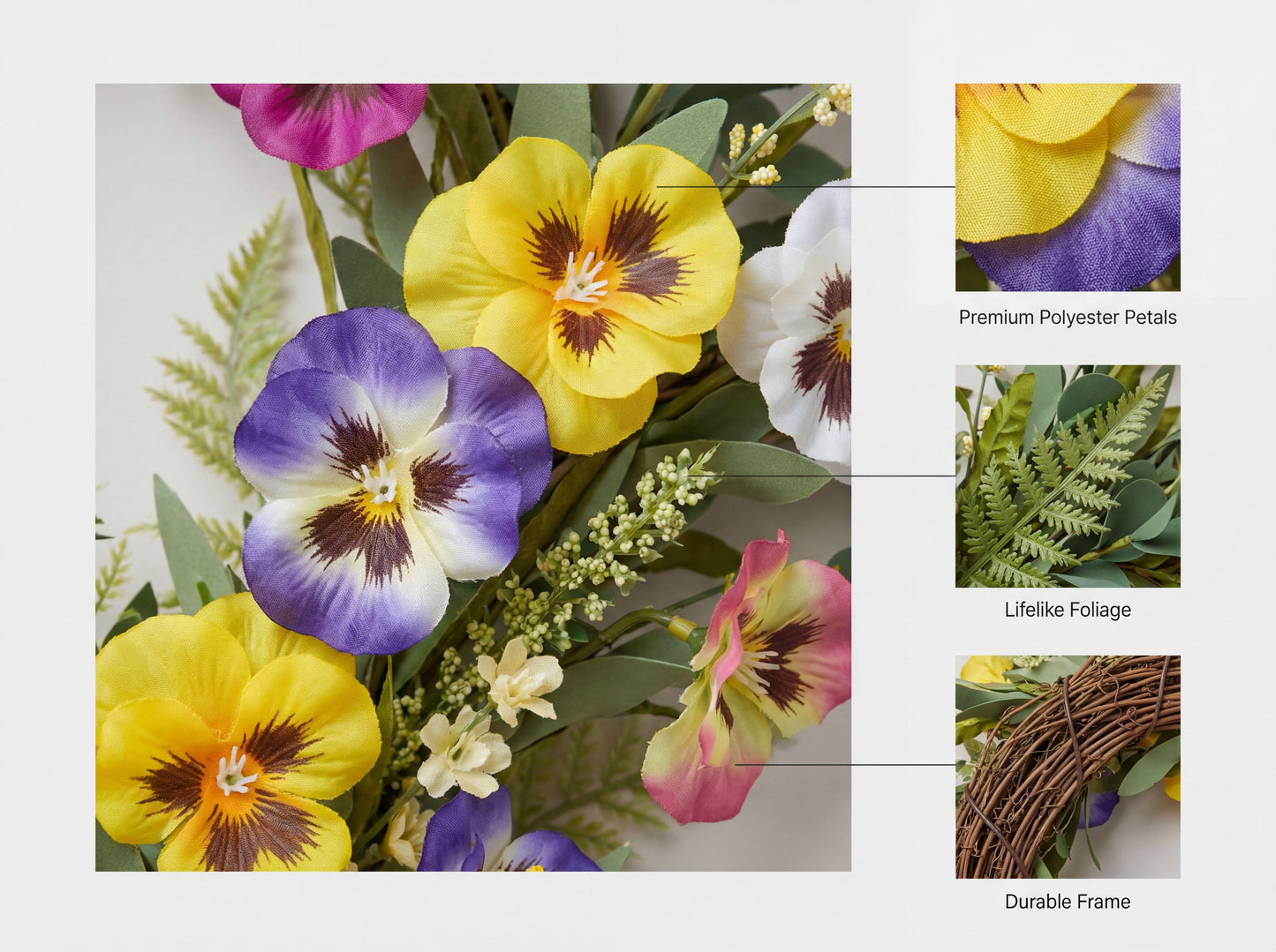 Faux Vibrant Meadow Pansy Wreath - 18-Inch Colorful Everyday Floral Wreath, Flexible MOQ, Direct Factory Pricing