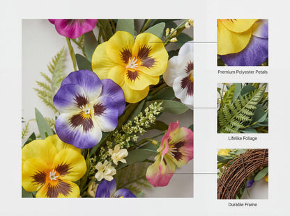 Faux Vibrant Meadow Pansy Wreath - 18-Inch Colorful Everyday Floral Wreath, Flexible MOQ, Direct Factory Pricing