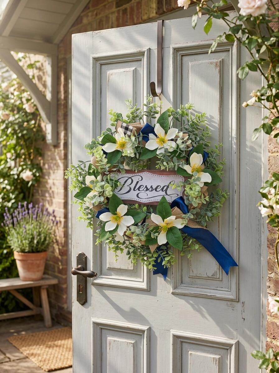 Factory Wholesale 18" Artificial Magnolia Wreath with Blessed Sign
