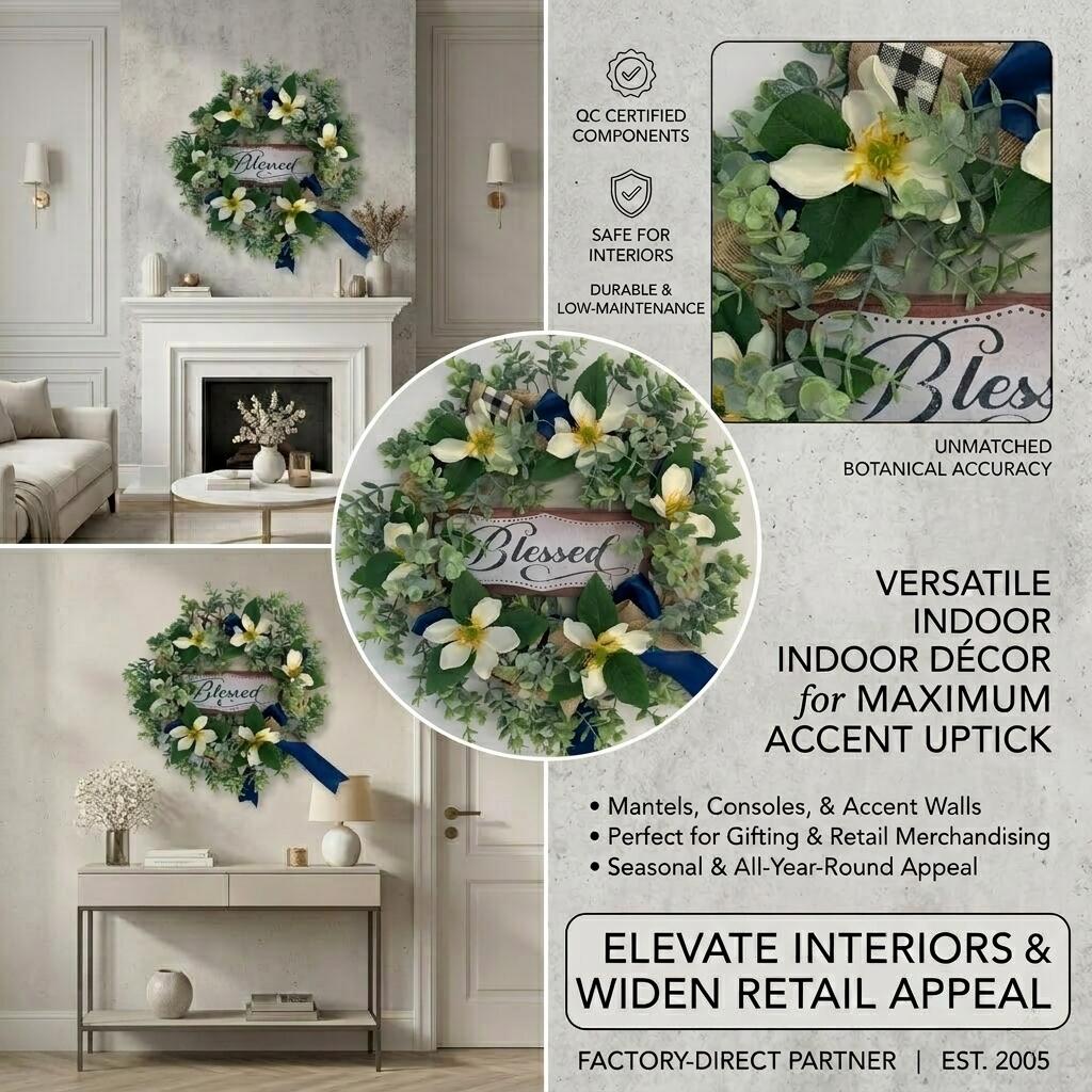 Factory Wholesale 18" Artificial Magnolia Wreath with Blessed Sign