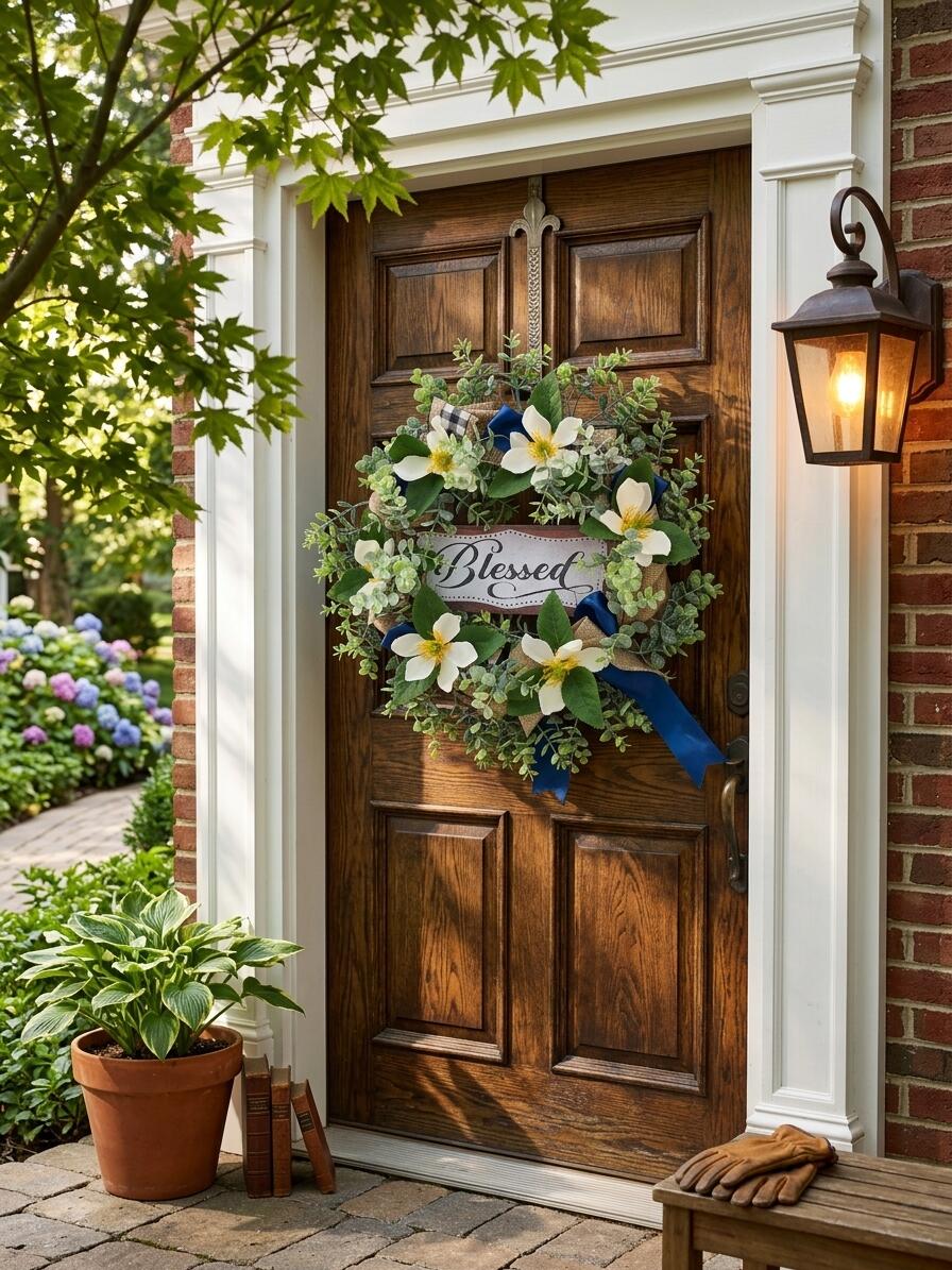 Factory Wholesale 18" Artificial Magnolia Wreath with Blessed Sign