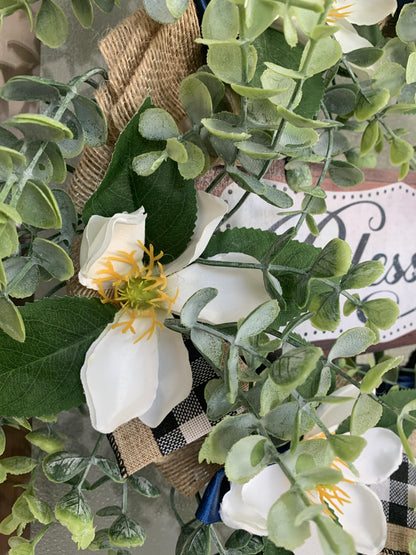 Factory Wholesale 18" Artificial Magnolia Wreath with Blessed Sign