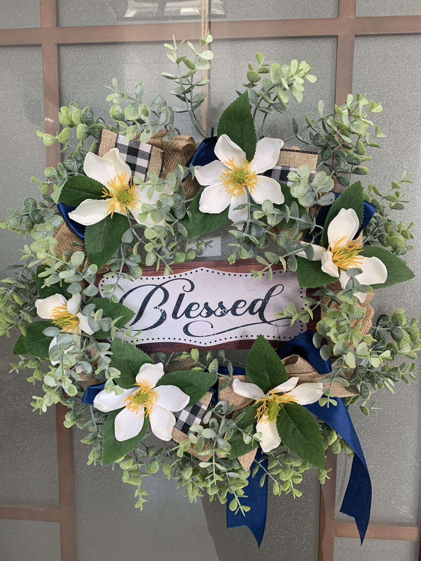 Factory Wholesale 18" Artificial Magnolia Wreath with Blessed Sign