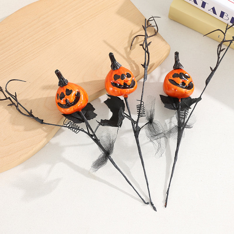 Wholesale Halloween Pumpkin Picks (Customizable Spooky Floral Stems with Black Mesh, OEM/ODM)