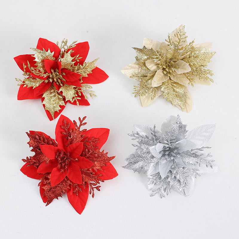 Wholesale Glitter Poinsettia Flowers (Customizable Christmas Tree Ornaments & Wreath Floral Accents, OEM/ODM)