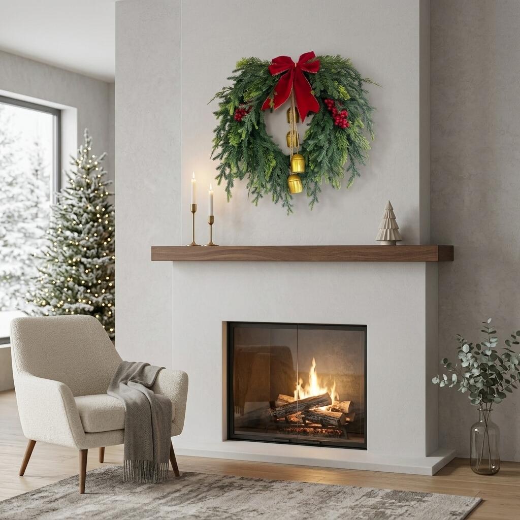 18" Artificial Christmas Cedar Wreath with Bells and Red Bow