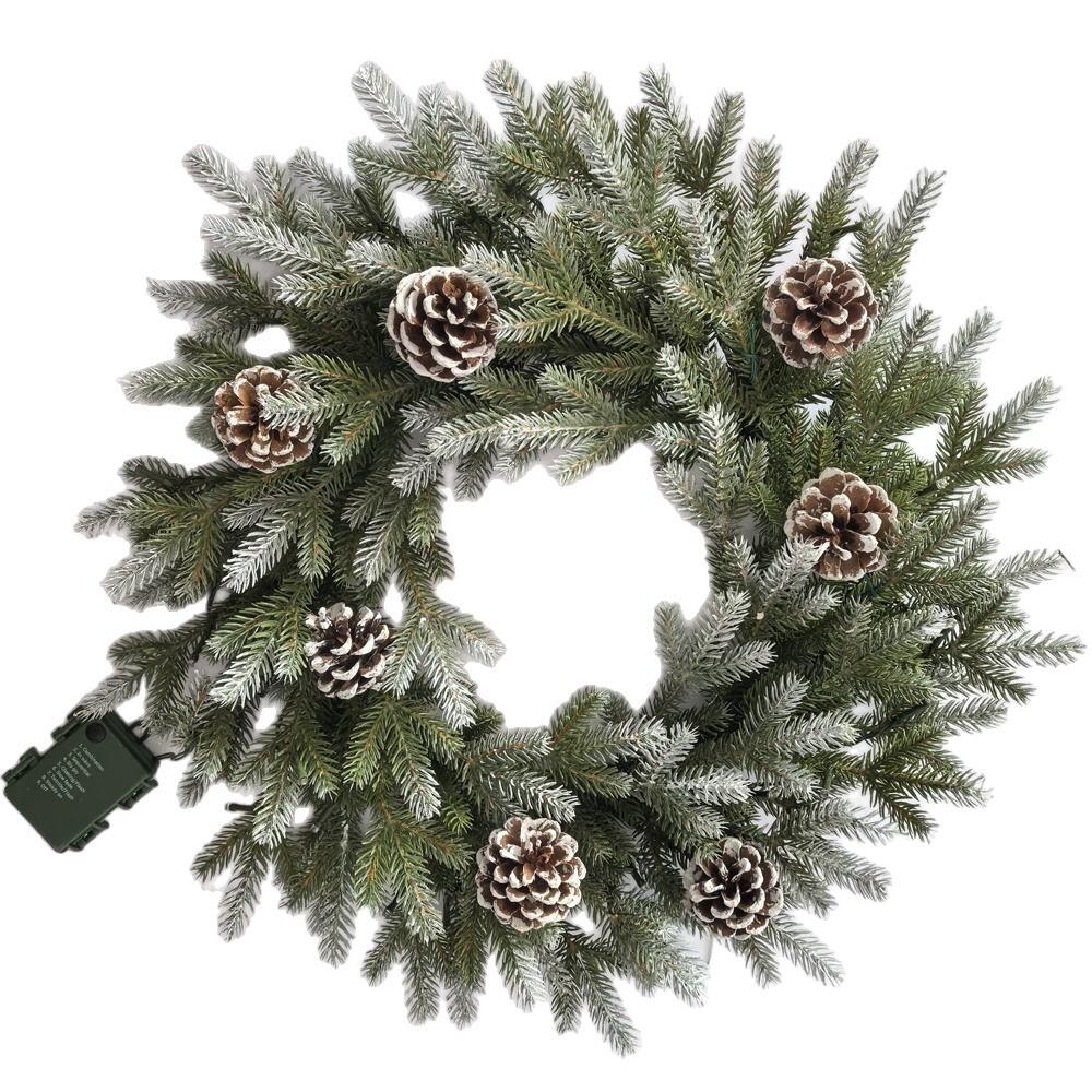18-Inch Faux Frosted Pine Holiday Door Wreath with LED Lights