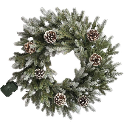 18-Inch Faux Frosted Pine Holiday Door Wreath with LED Lights