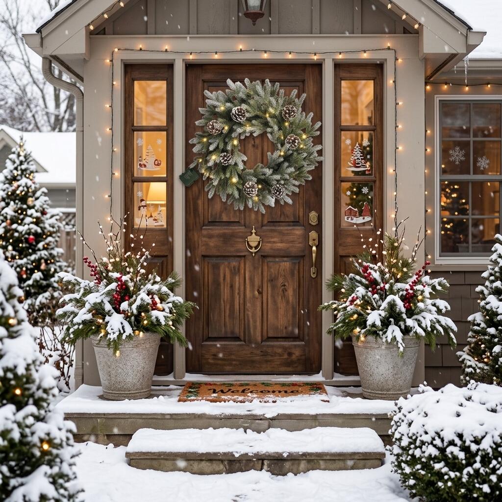 18-Inch Faux Frosted Pine Holiday Door Wreath with LED Lights