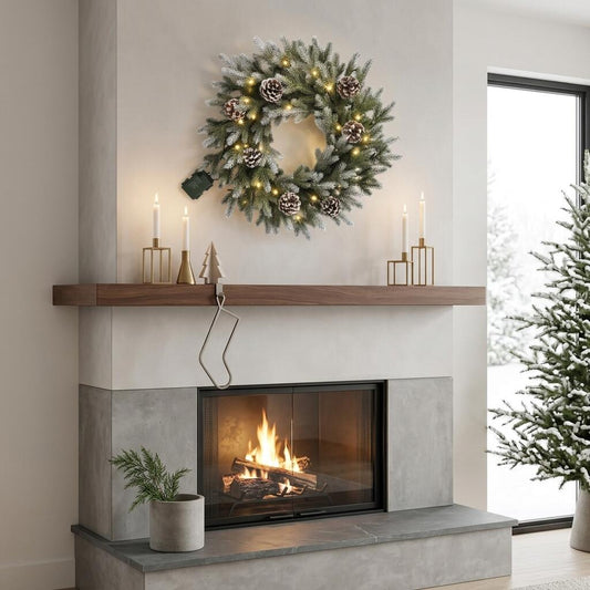 18-Inch Faux Frosted Pine Holiday Door Wreath with LED Lights