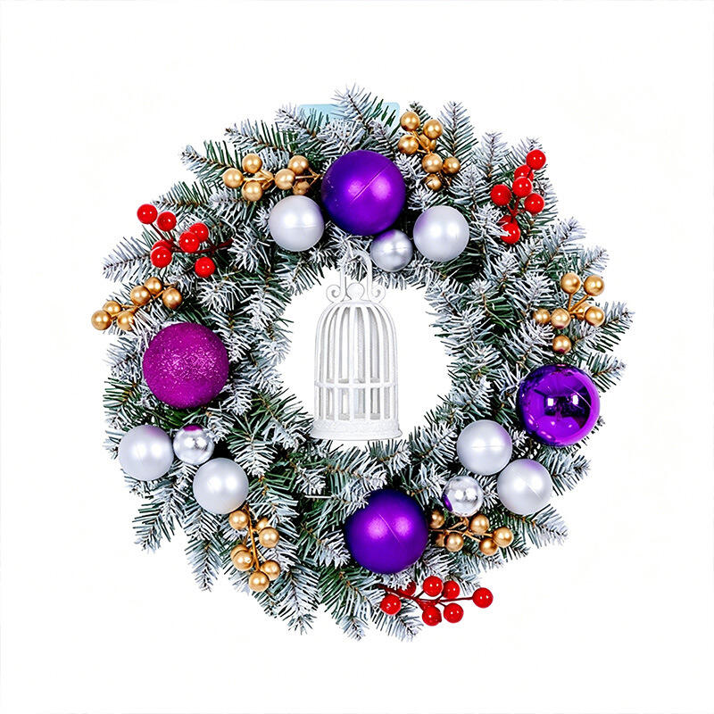 18" Flocked Christmas Wreath with Purple Ornaments and Lantern