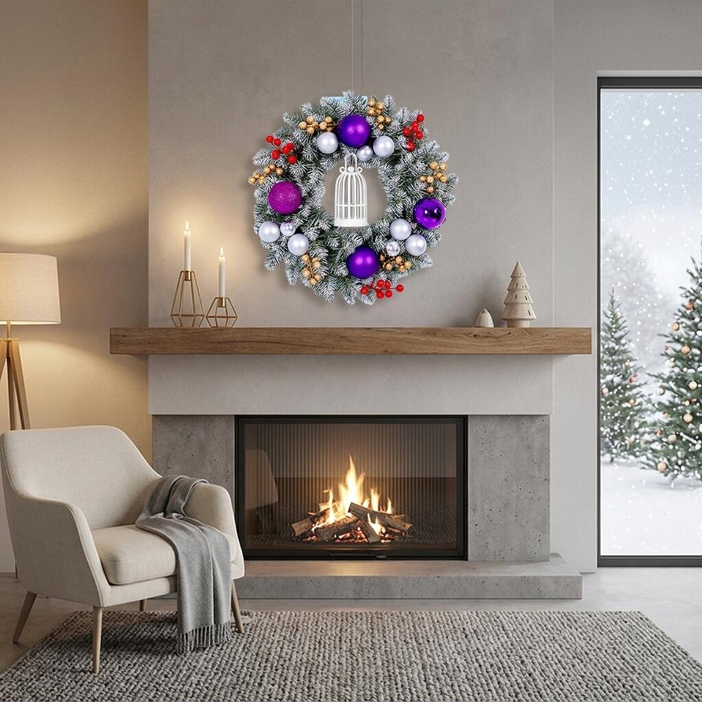 18" Flocked Christmas Wreath with Purple Ornaments and Lantern