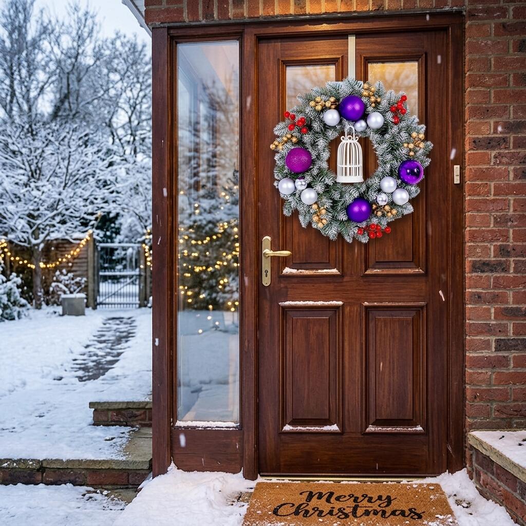 18" Flocked Christmas Wreath with Purple Ornaments and Lantern