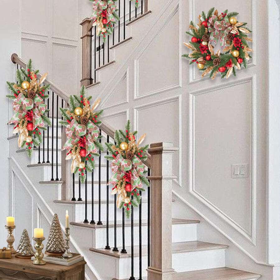 18" Artificial Christmas Wreath with Pinecone Ribbon and Gold Leaves