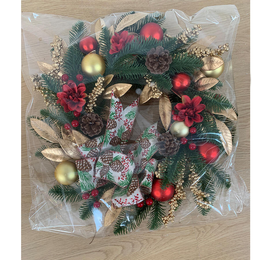 18" Artificial Christmas Wreath with Pinecone Ribbon and Gold Leaves