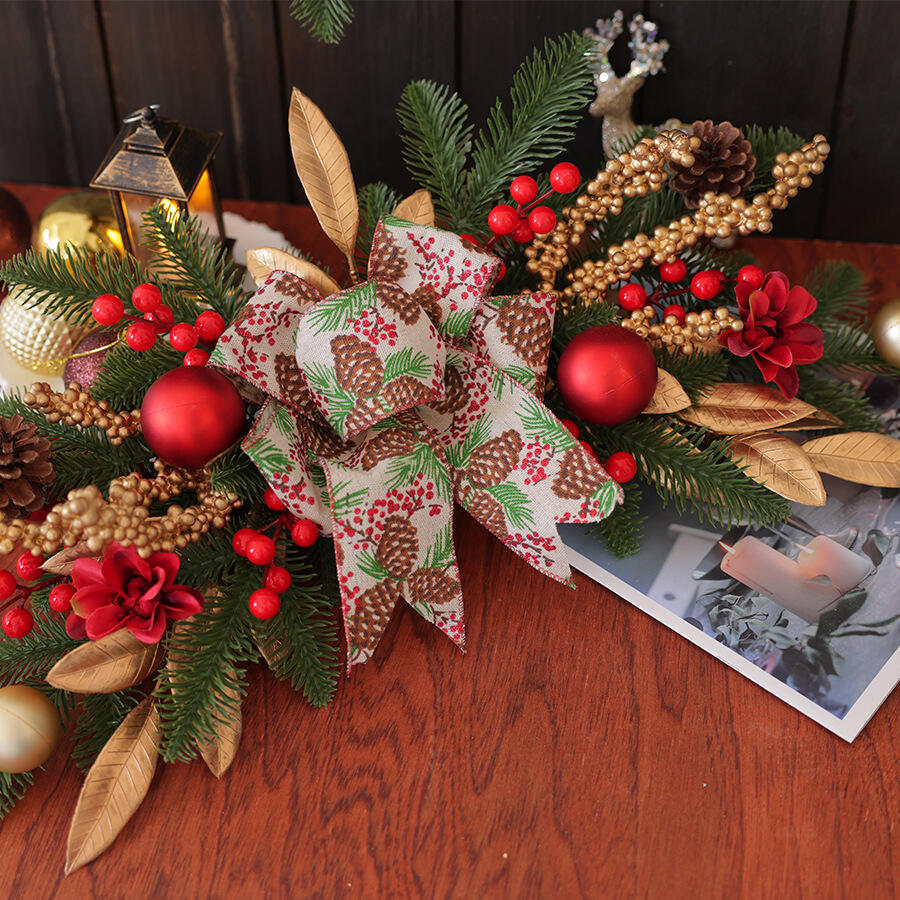 18" Artificial Christmas Wreath with Pinecone Ribbon and Gold Leaves