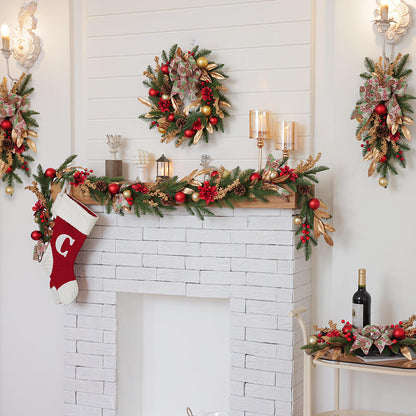 18" Artificial Christmas Wreath with Pinecone Ribbon and Gold Leaves
